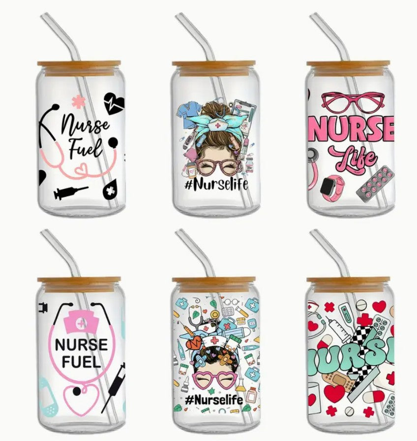 16 oz Glass Cup with Bamboo Lid β Nurse Edition! | Libby Cup | Beer Can Glass | Gift for Mother's Day | Glass Cup for Nurse