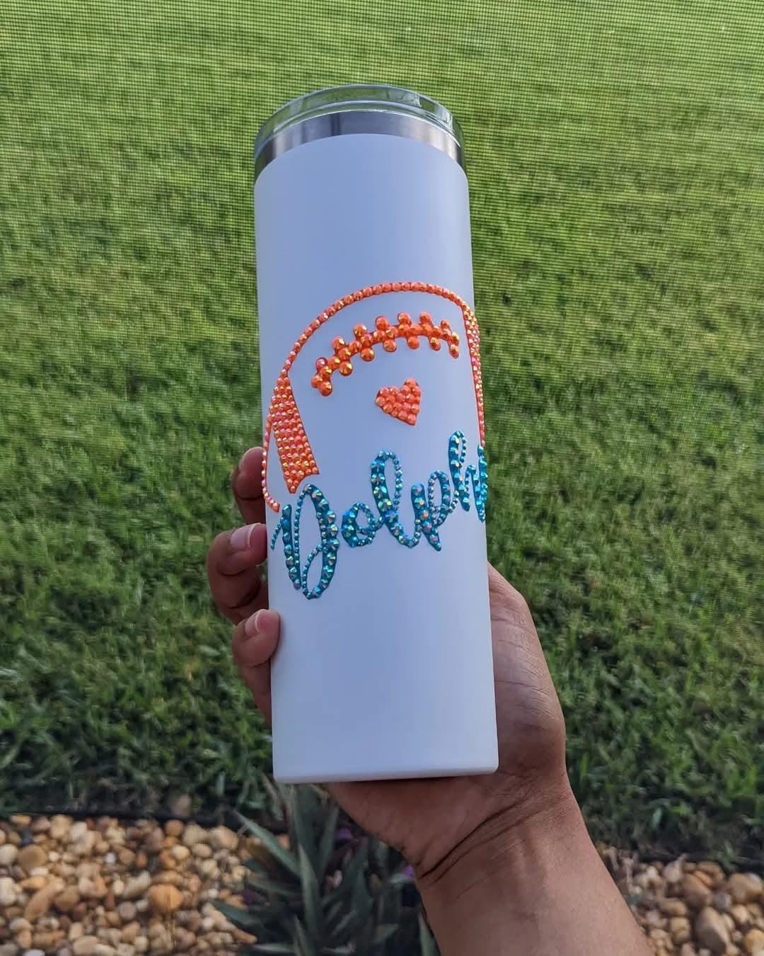 Football-Themed Skinny Tumbler | Gift | 20oz | Stainless Steel w/ Lid, Straw & Rhinestones