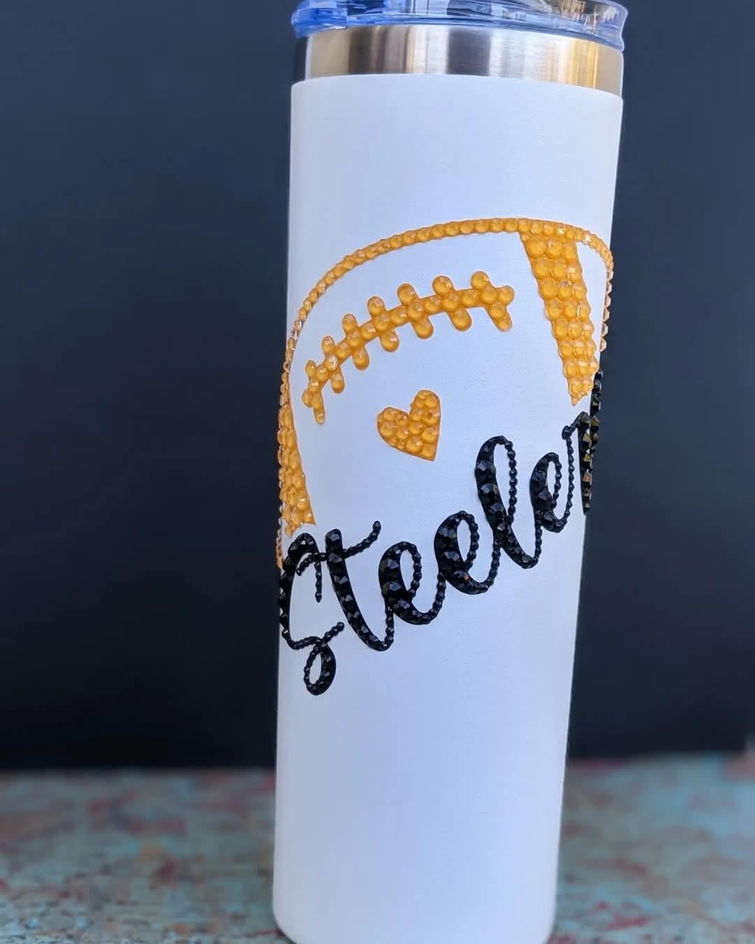 Football-Themed Skinny Tumbler | Gift | 20oz | Stainless Steel w/ Lid, Straw & Rhinestones