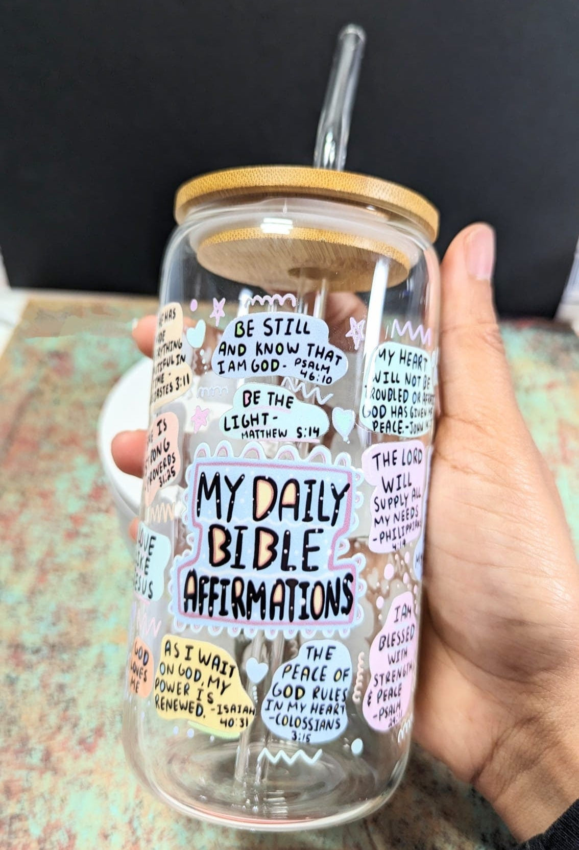 My Daily Bible Affirmations Glass Cup l My Daily Bible Affirmation 16oz l Bible Glass Cup l Bible Cup l Bible Verse Bamboo lid