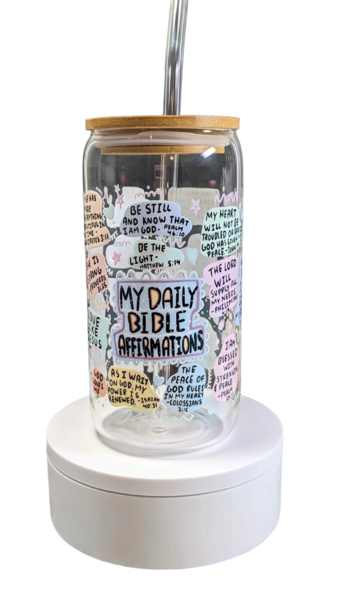 My Daily Bible Affirmations Glass Cup l My Daily Bible Affirmation 16oz l Bible Glass Cup l Bible Cup l Bible Verse Bamboo lid