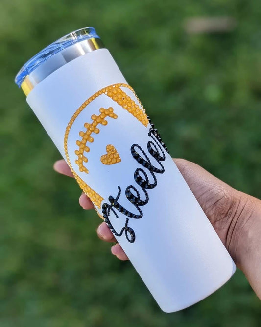 Football-Themed Skinny Tumbler | Gift | 20oz | Stainless Steel w/ Lid, Straw & Rhinestones